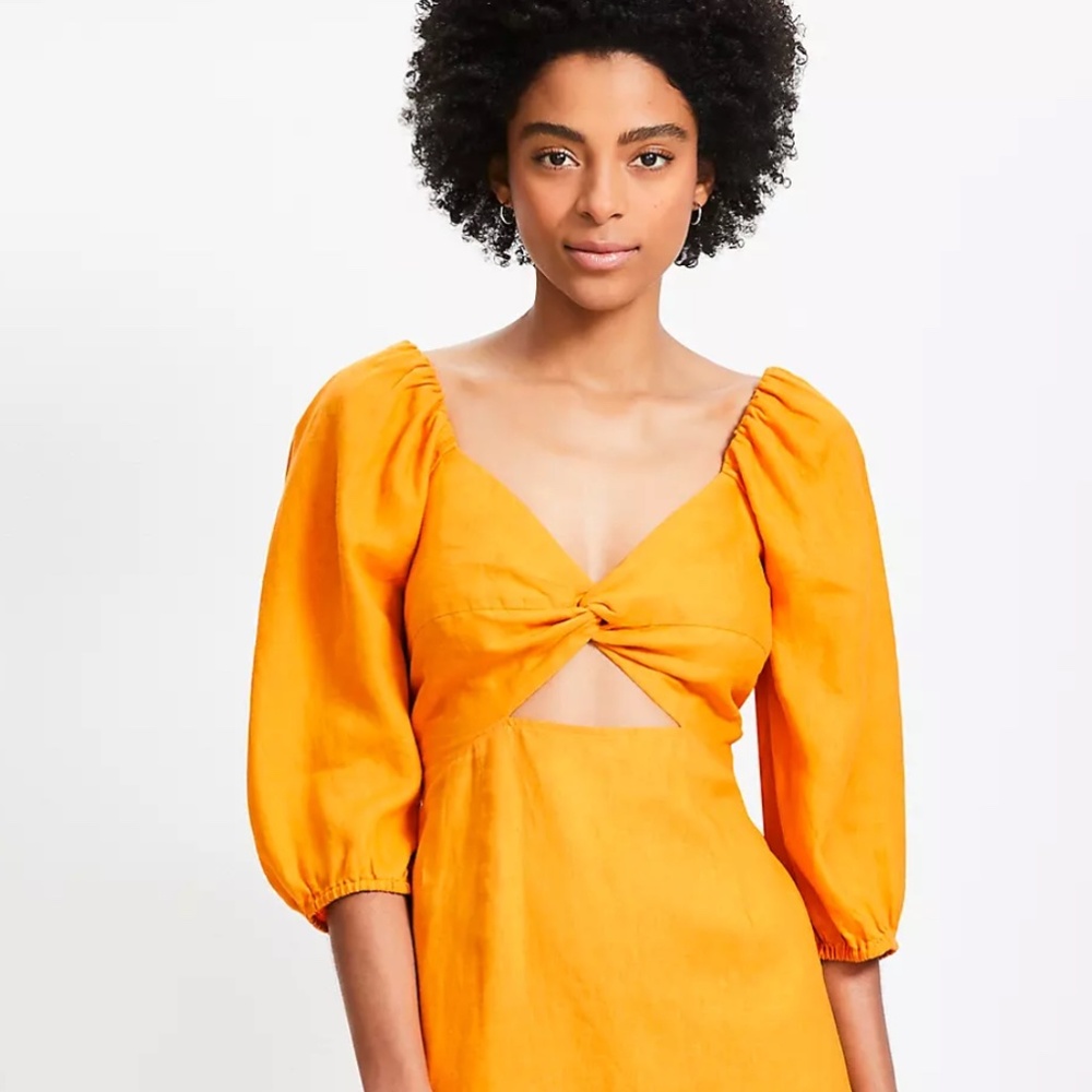 LOFT Beach Linen Mustard Cutout Mini Pocket Dress Size S - Picture 8 of 9